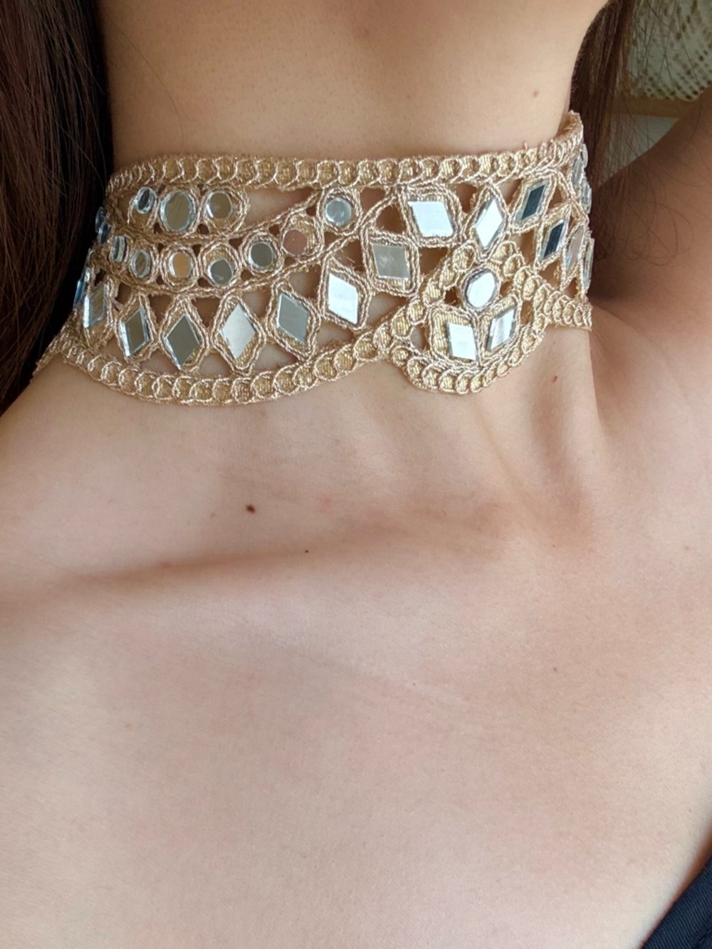 Gold Mirror-Accent Crochet Choker Necklace - Women Jewelry